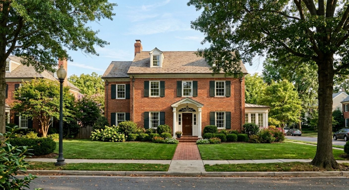 Well-maintained Federal style brick home with for-sale sign on a tree-lined DC metro street in afternoon light