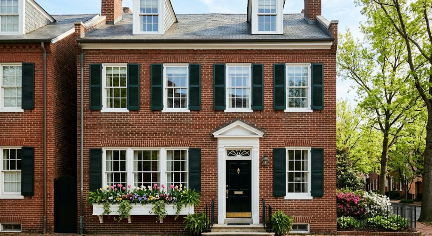 Classic Federal-style brick row house in Georgetown Washington DC with cobblestone sidewalk and window boxes