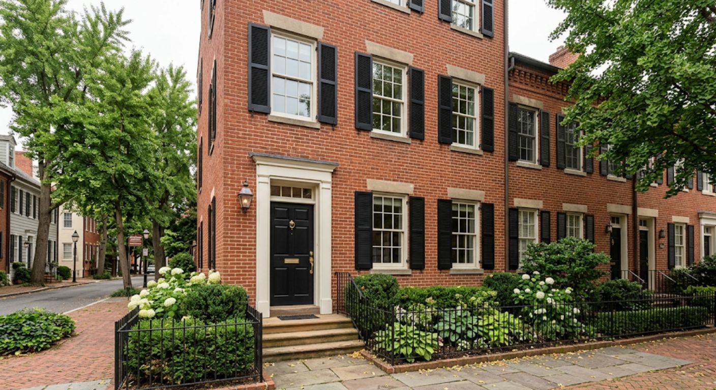 Federal brick townhome with black painted door on a residential street in Northwest Washington DC
