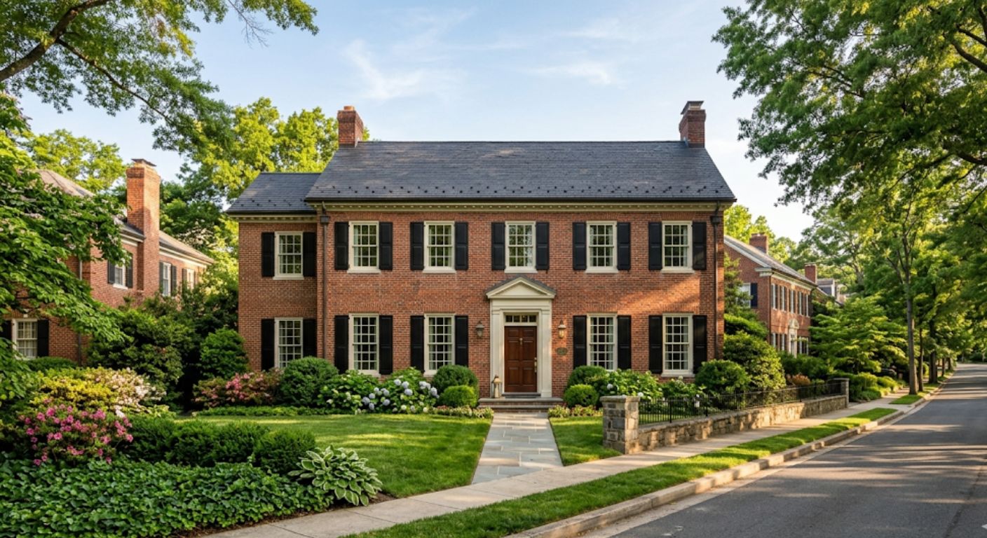 Alt Text: Large brick Georgian home on a quiet tree-lined street in Foxhall Northwest Washington DC