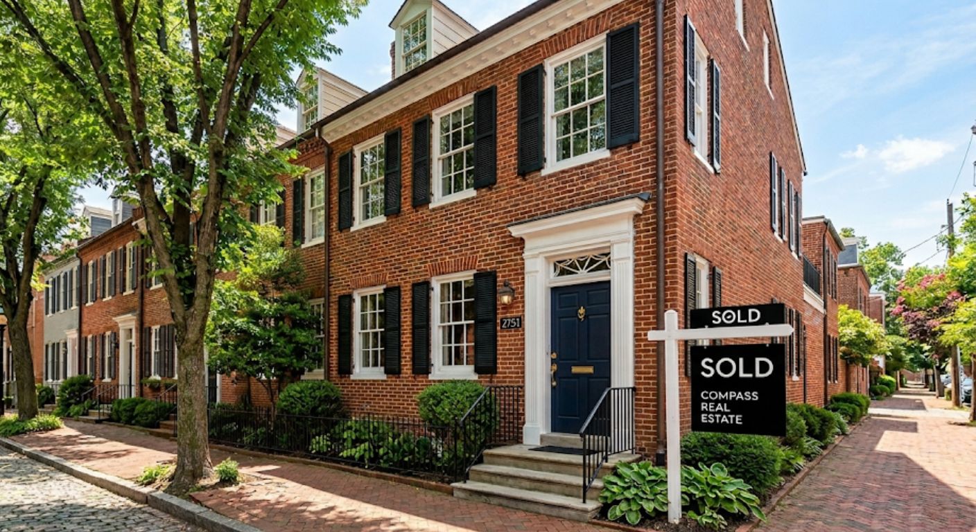 Federal style Georgetown DC brick rowhouse with sold sign on a historic street in bright daylight