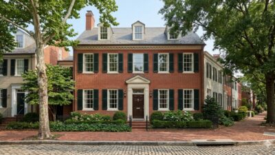 Red brick Federal-style rowhouse on a tree-lined street in Georgetown, Washington DC