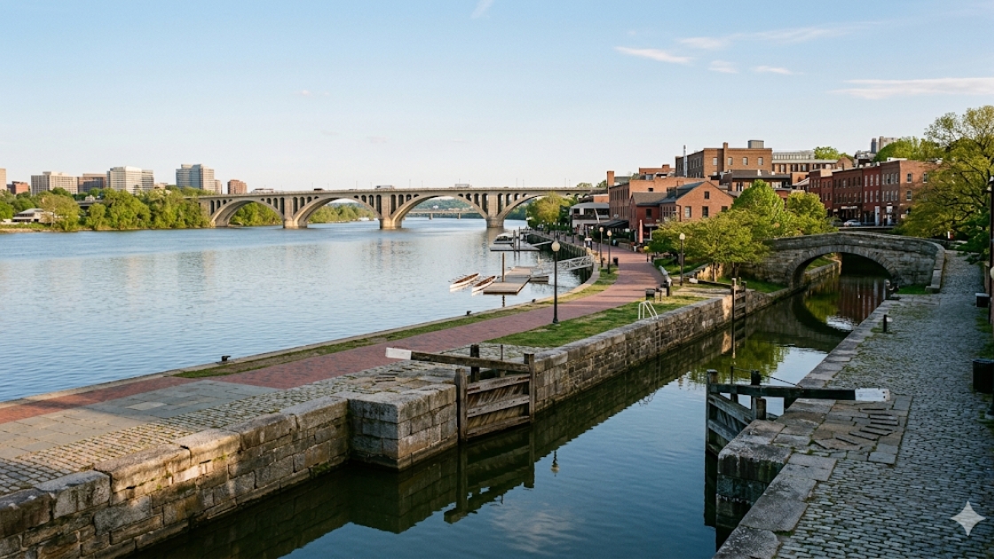 Georgetown DC waterfront and C&O Canal with historic stone architecture along the Potomac River