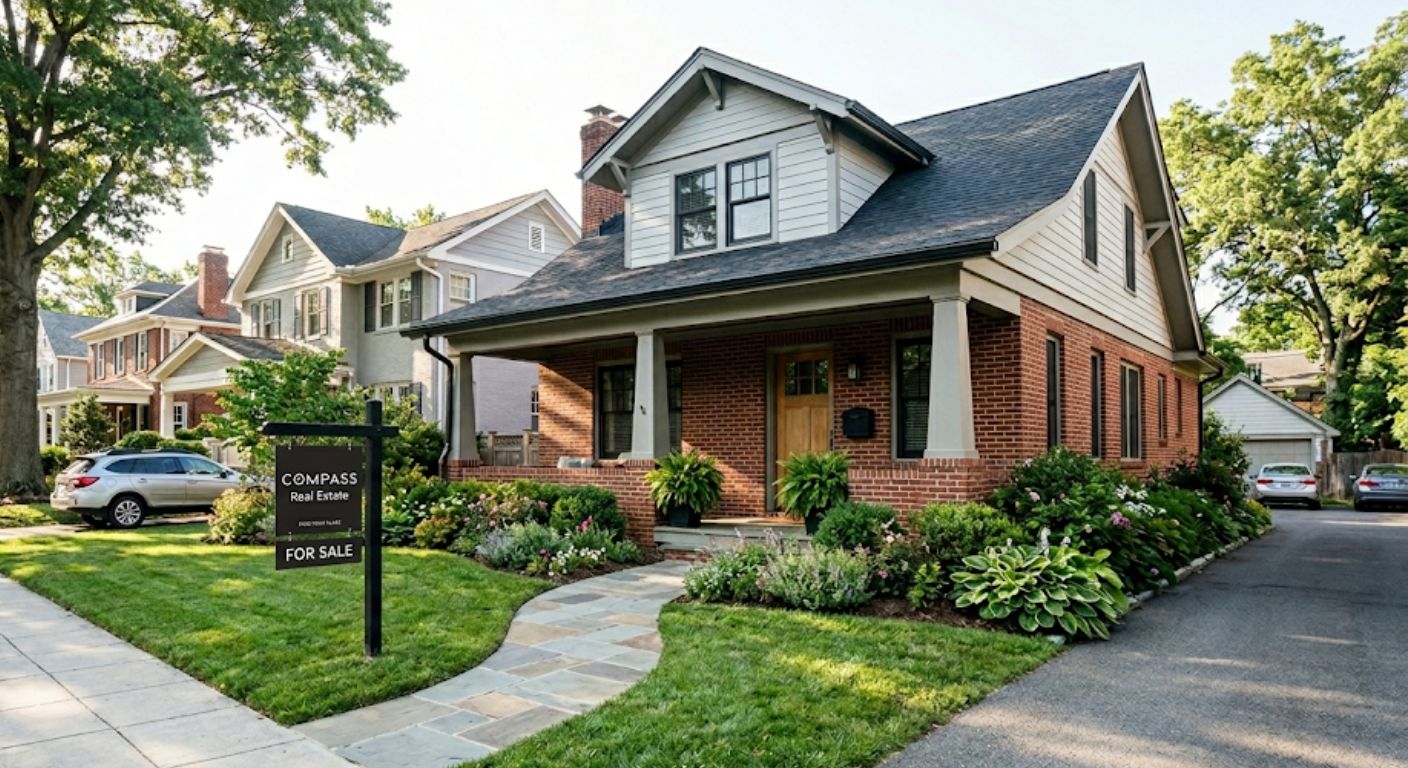 Well-maintained single-family home with listing sign on a quiet street in The Palisades Northwest Washington DC