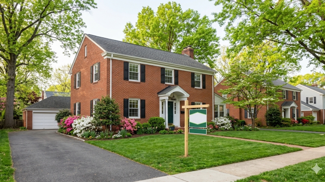 Traditional brick home for sale with quiet street and for-sale sign in a Washington DC neighborhood