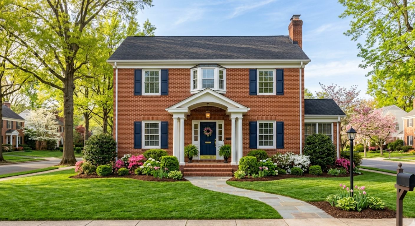 Brick single-family home in Washington DC Maryland area with clean curb appeal and landscaped front yard