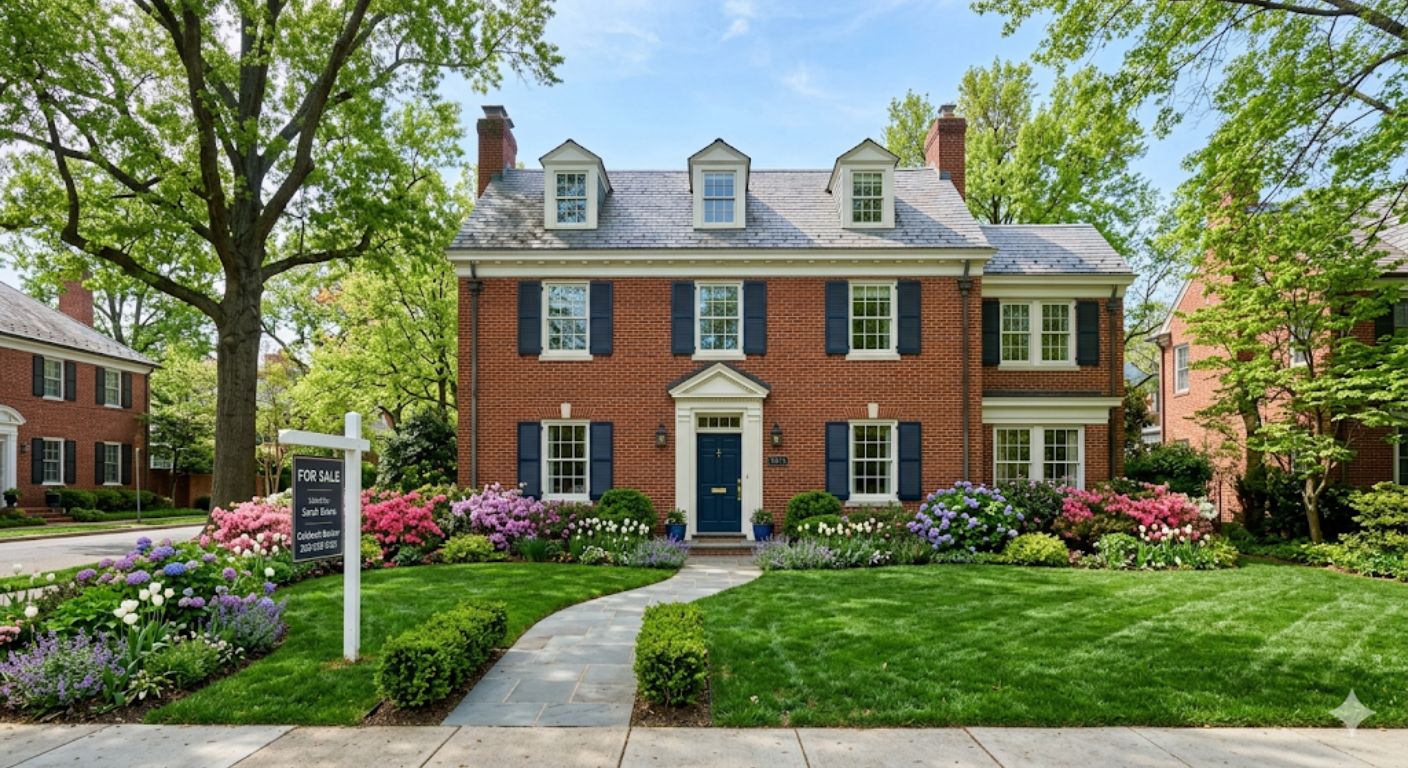 Well-maintained Colonial home with for sale sign on a bright spring day in Northwest DC