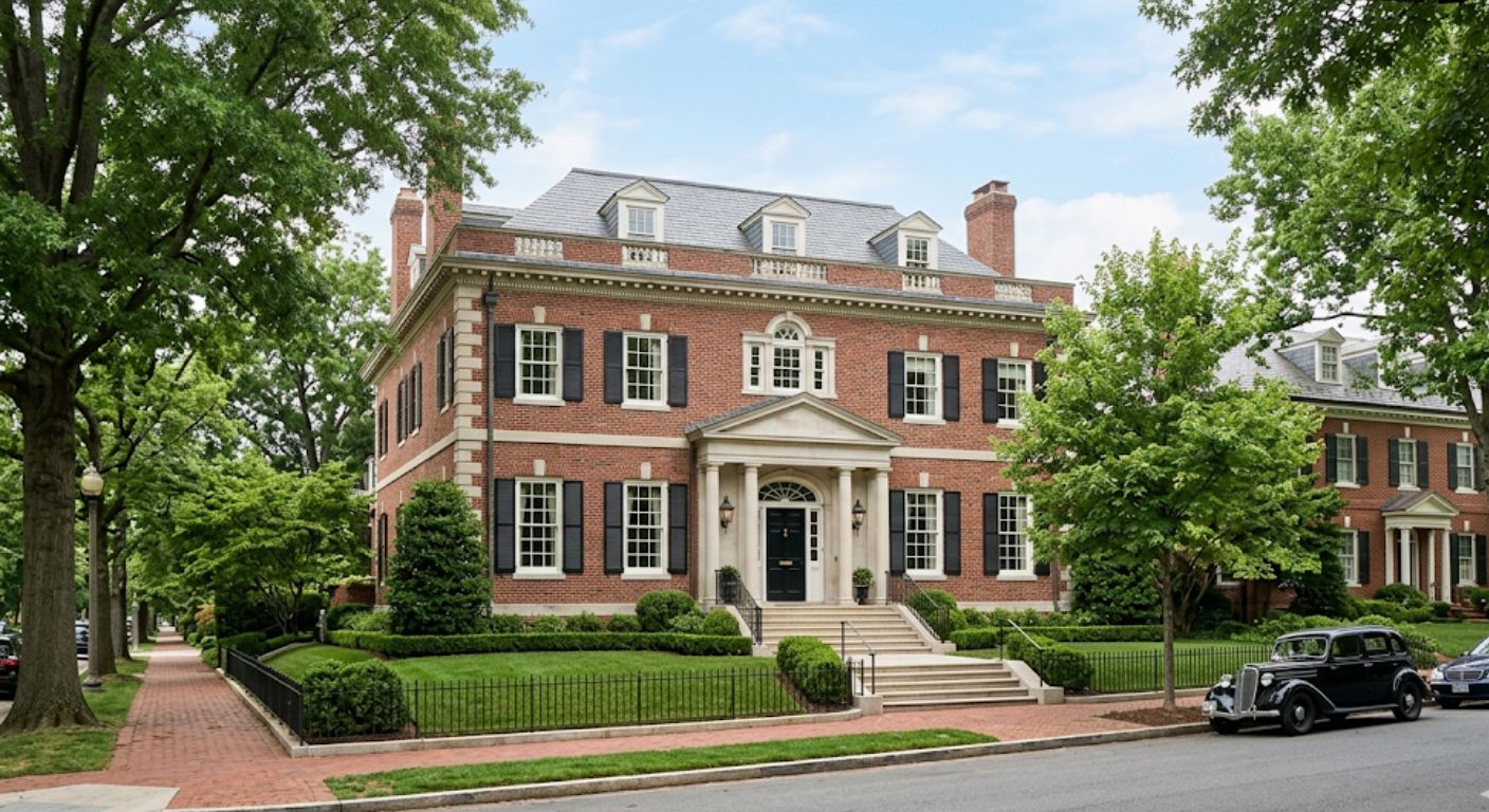 Large historic brick home with formal facade on a tree-lined Kalorama Washington DC street