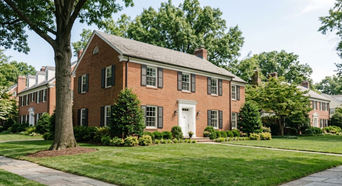 Traditional brick home with for-sale sign in front yard in Northwest Washington DC neighborhood