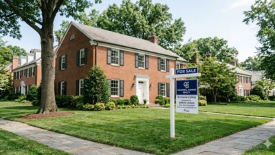 Traditional brick home with for-sale sign in front yard in Northwest Washington DC neighborhood