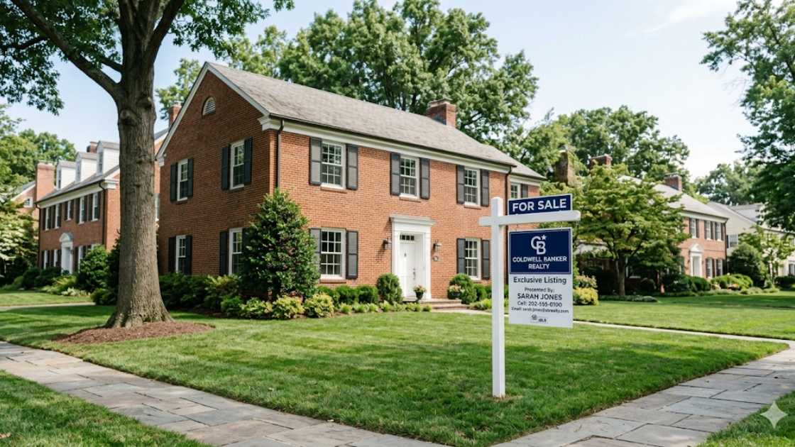 Traditional brick home with for-sale sign in front yard in Northwest Washington DC neighborhood