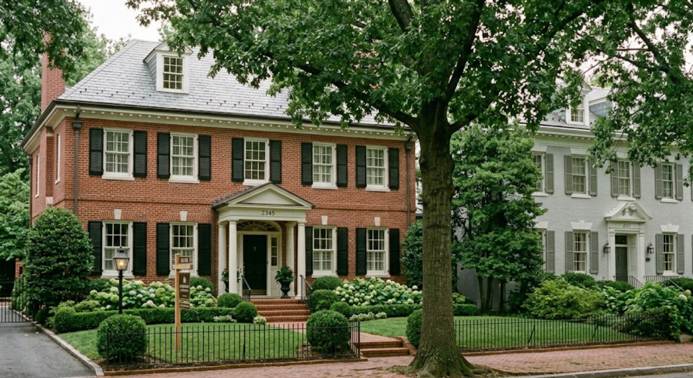 Quiet tree-lined residential street in Northwest Washington DC with one for-sale sign visible