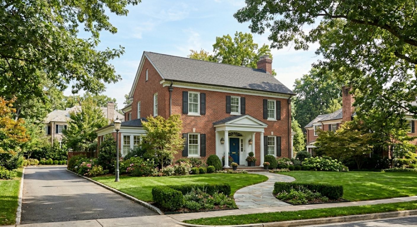 Large brick Colonial luxury home on a tree-lined street in Bethesda Maryland in morning light