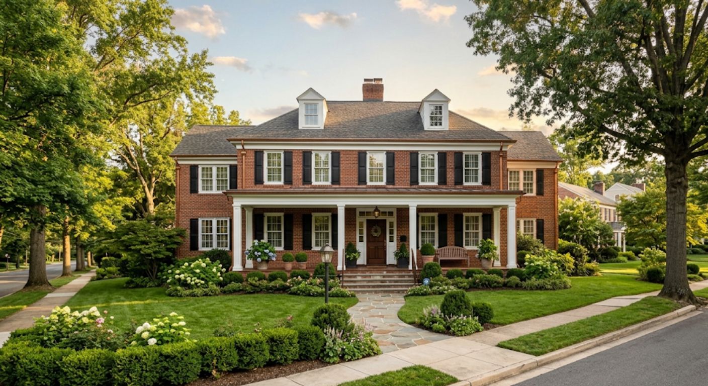 Large brick Colonial home on a tree-lined street in Bethesda Maryland in afternoon light