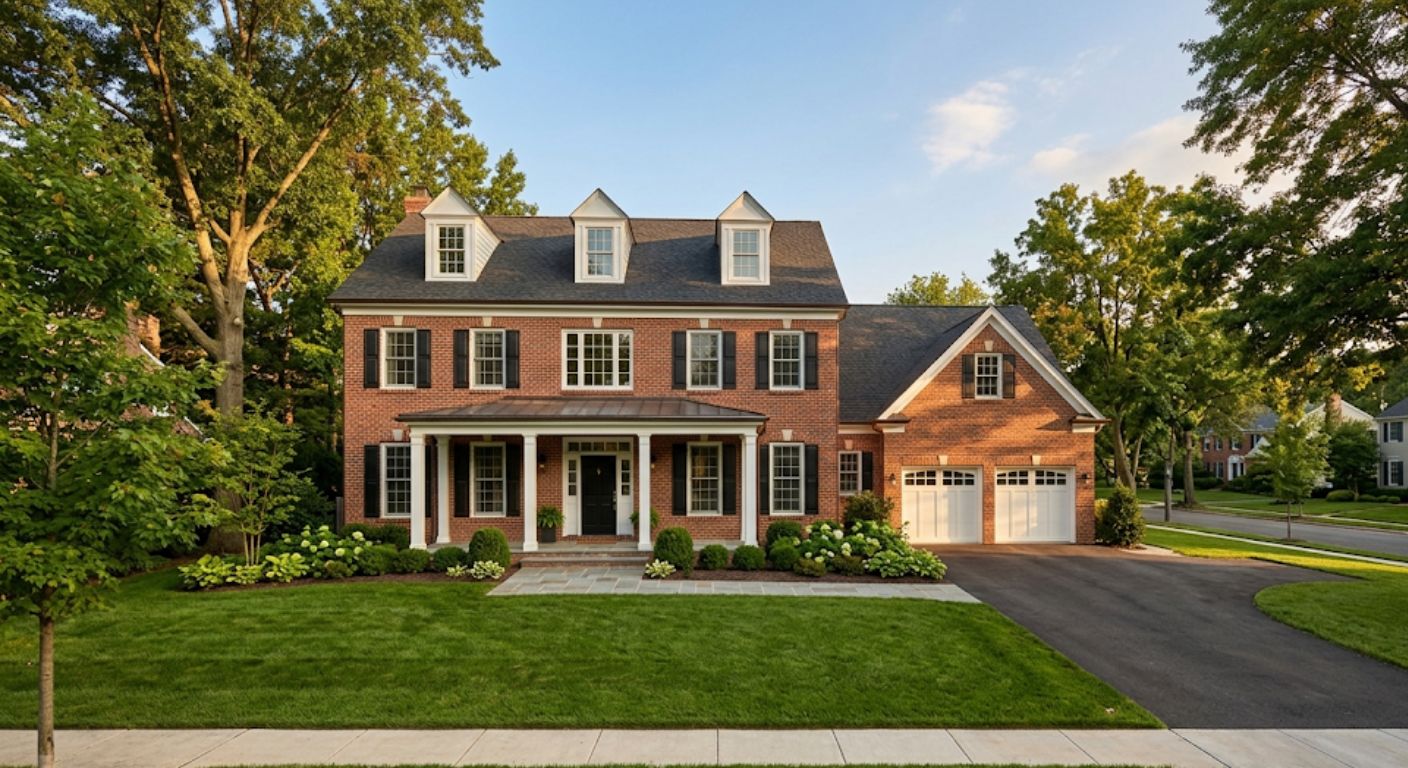 Large brick Colonial home with mature trees and two-car garage in Bethesda Maryland