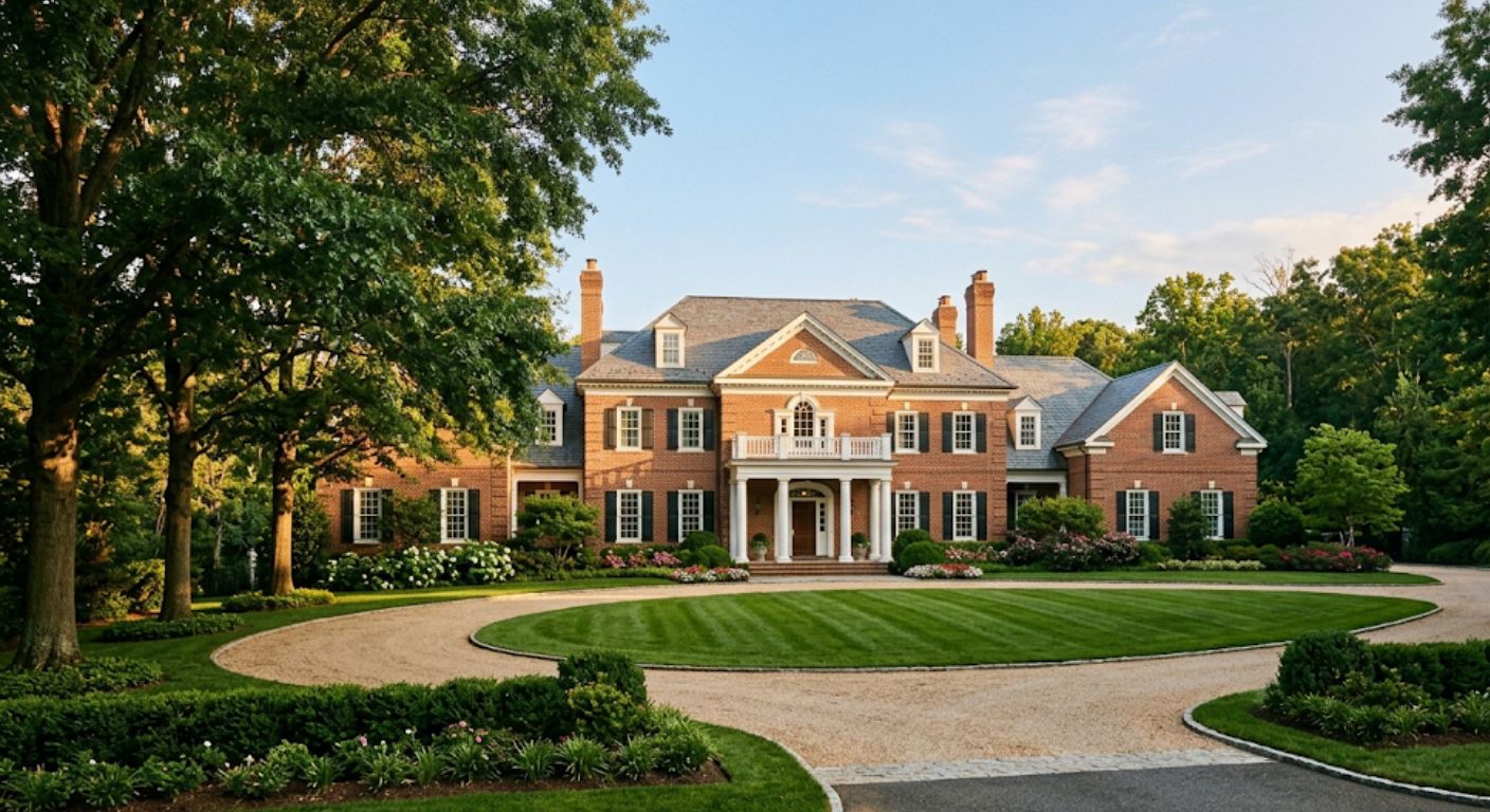 Large Colonial brick luxury home with white columns on a McLean Virginia residential street