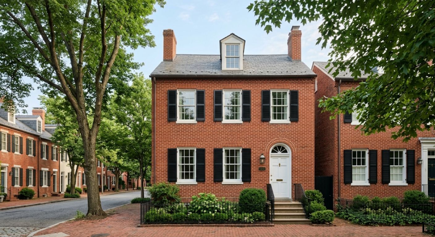 Federal style red brick luxury rowhouse on a tree-lined Georgetown DC street in morning light