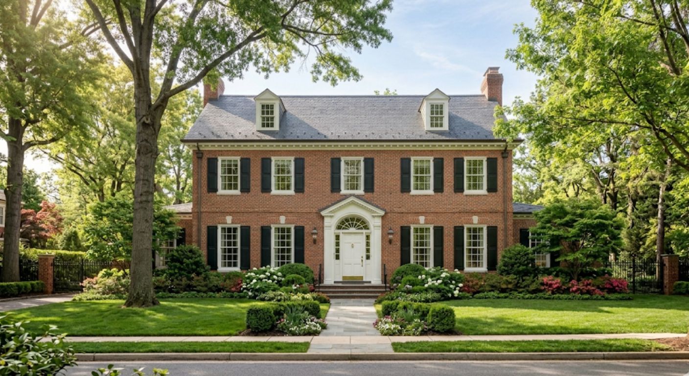 Large Georgian brick estate home on a quiet Bethesda Maryland street in morning light