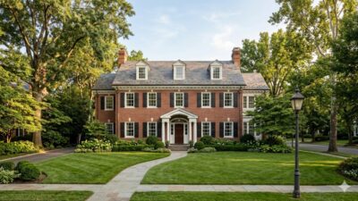 Large brick Colonial home with mature trees and landscaped lot in Spring Valley, Northwest DC