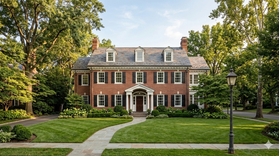 Large brick Colonial home with mature trees and landscaped lot in Spring Valley, Northwest DC
