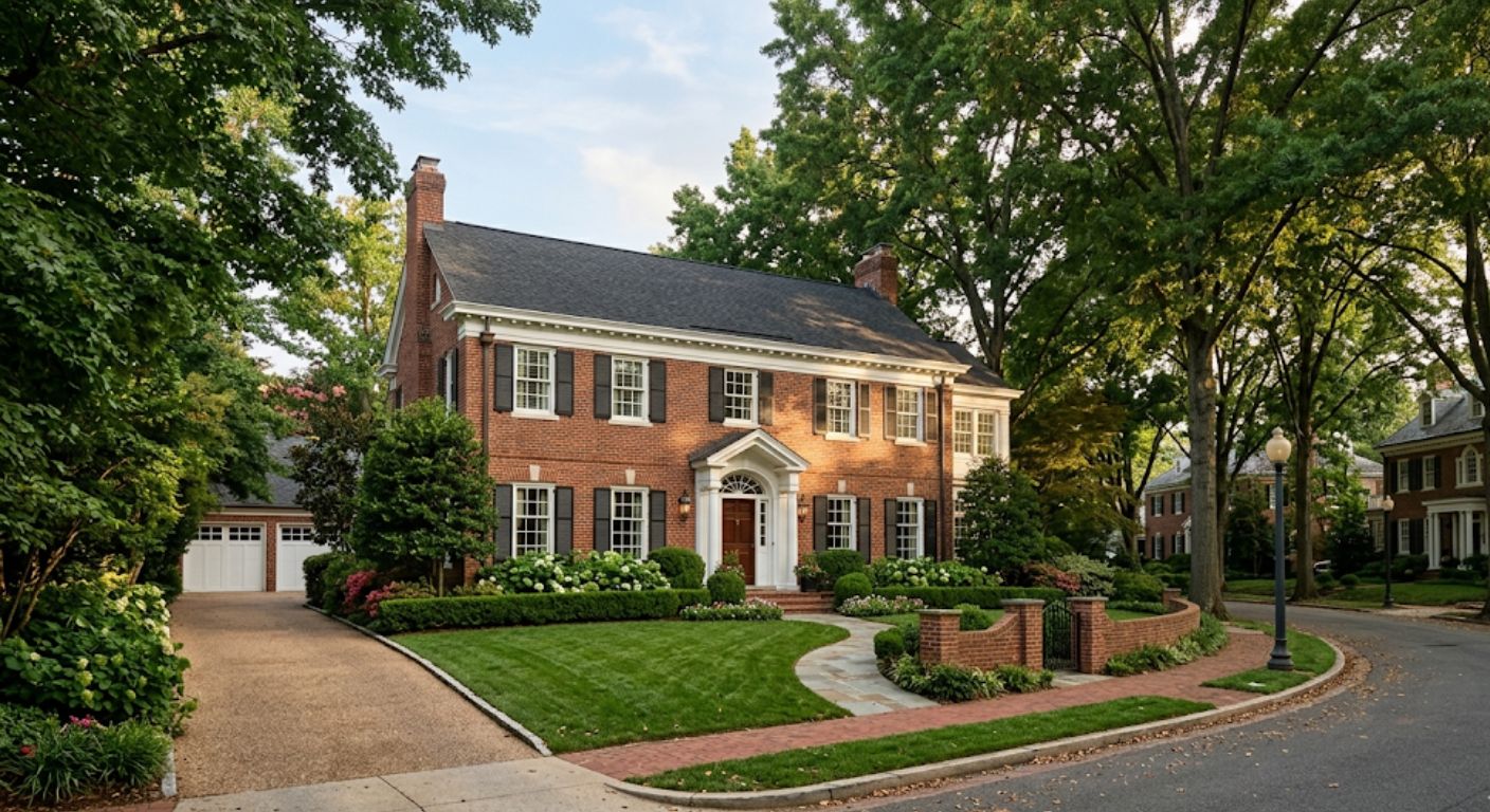 Large brick Federal style home on a tree-lined street in Wesley Heights Northwest Washington DC in afternoon light