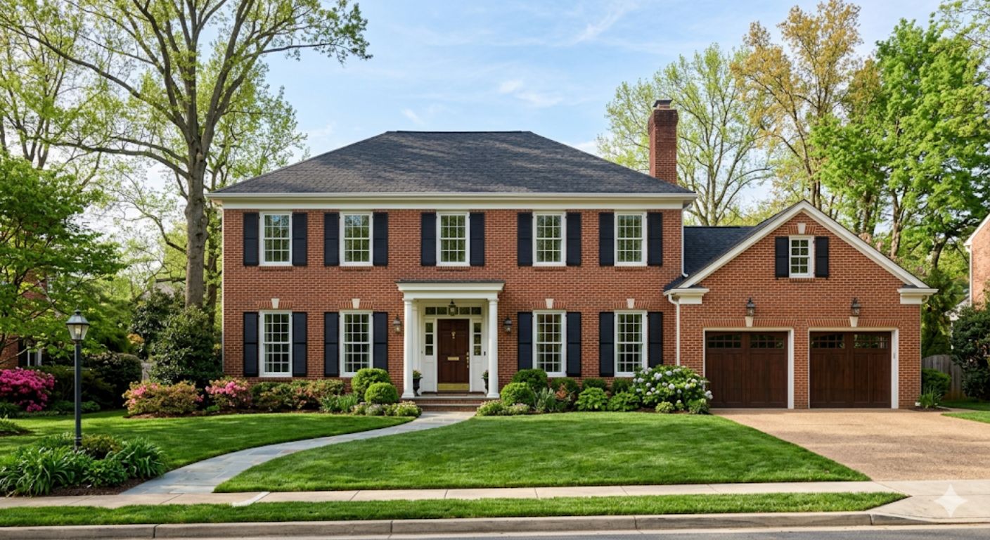 Luxury brick Colonial home with manicured lawn in North Arlington, Virginia