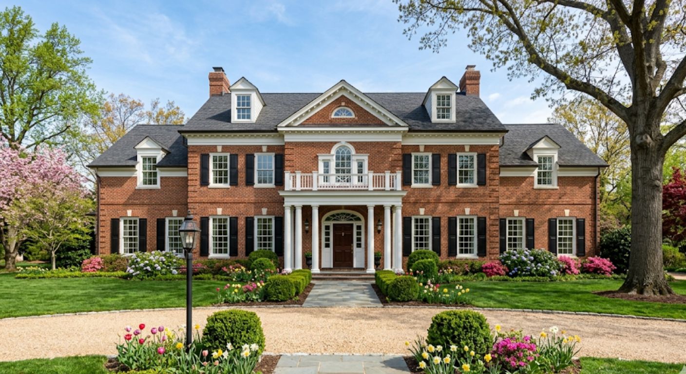 Brick colonial luxury home in Potomac Maryland with mature trees and landscaped front yard