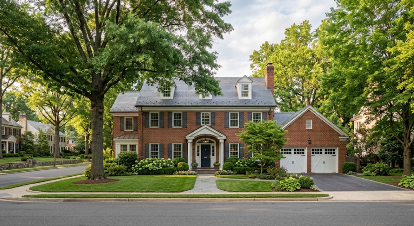 Larger brick Colonial detached home on tree-lined street in Washington DC metro area suburbs