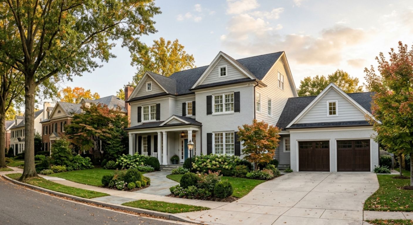 Larger updated single-family home with mature landscaping on a quiet residential street in the DC metro area