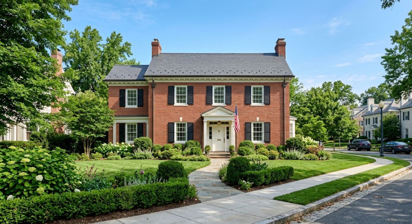 Red brick Colonial home with manicured shrubs on a quiet Northwest Washington DC residential street