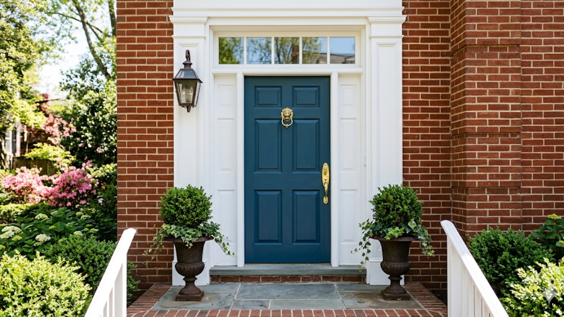 Classic front door with brass hardware and transom on a traditional brick home in Northwest DC