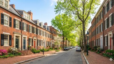 Tree-lined street with brick Federal rowhouses in Northwest Washington DC in spring daylight