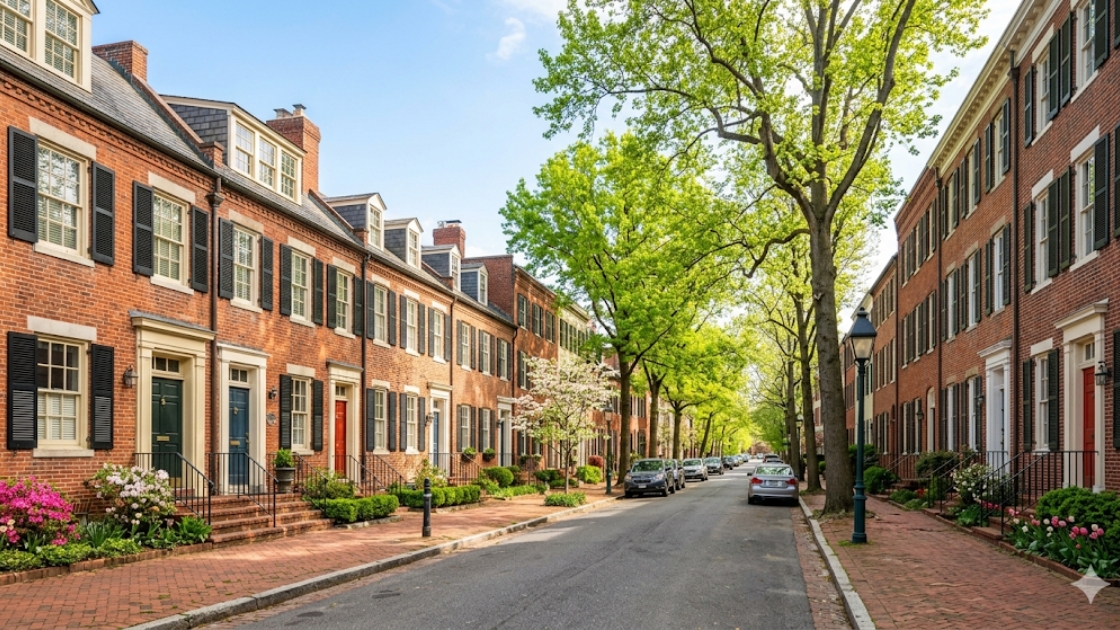 Tree-lined street with brick Federal rowhouses in Northwest Washington DC in spring daylight