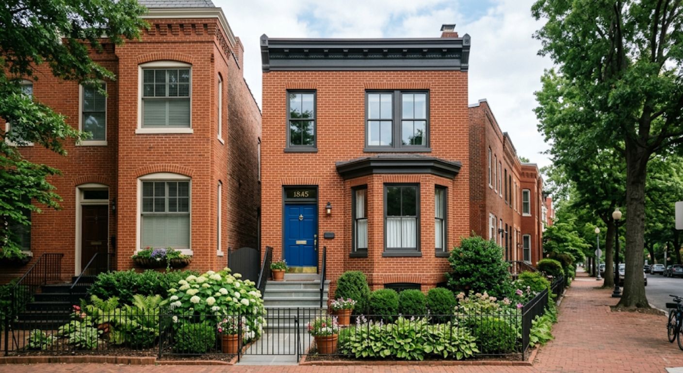 Well-maintained brick row house with clean entry on a quiet Northwest Washington DC street