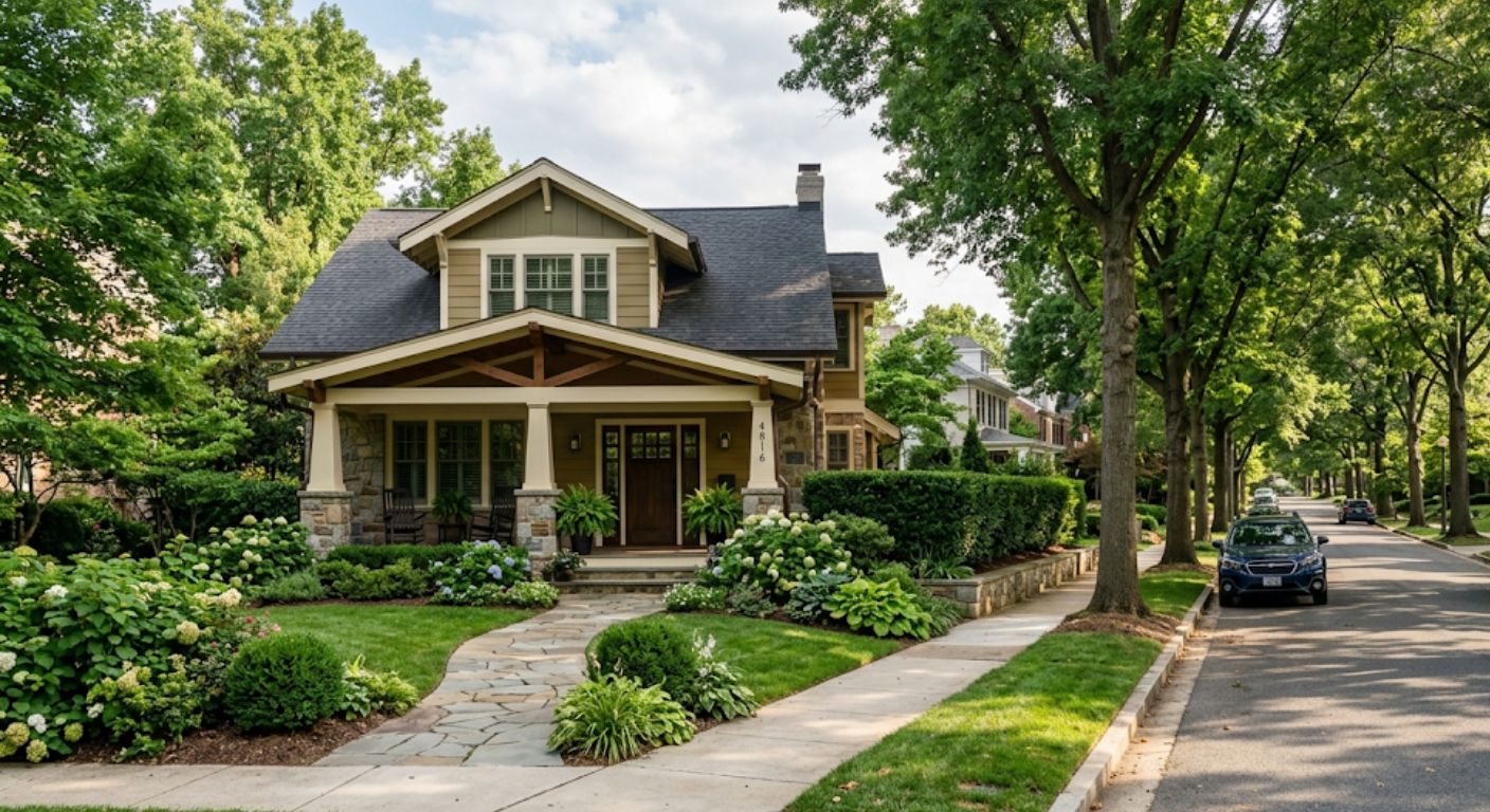 Craftsman-style home with front porch on a tree-lined street in The Palisades Northwest Washington DC