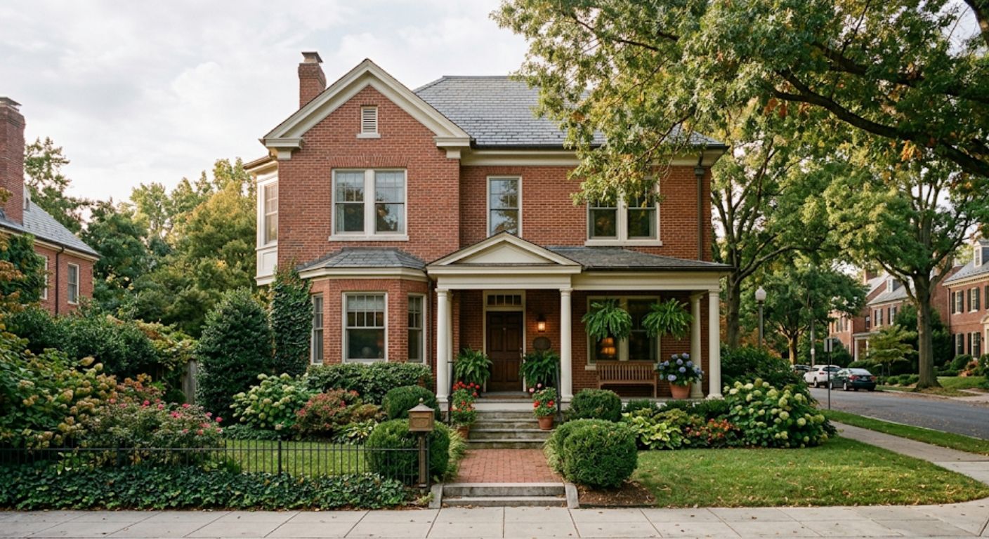 Well-maintained older brick home with mature landscaping on a quiet Northwest Washington DC residential street