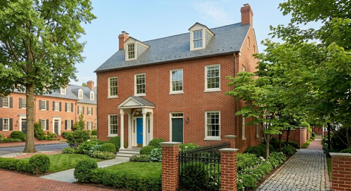 Brick Federal-style home with painted front door and tidy landscaping prepared for sale in Washington DC