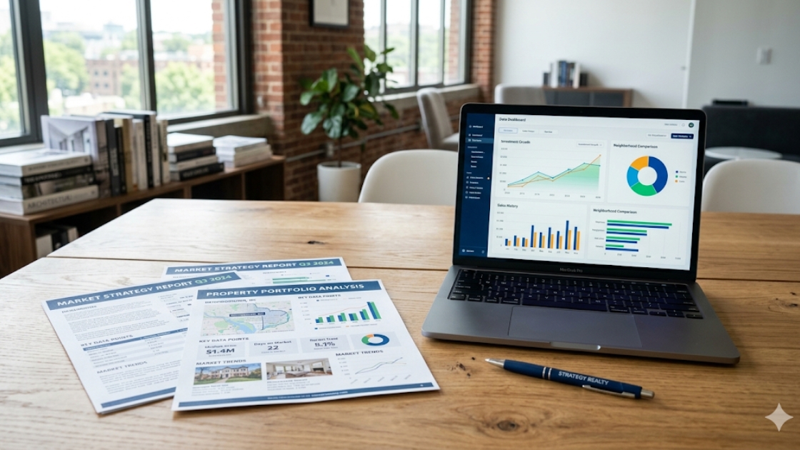 Real estate consultation table with property data sheets and laptop in a Washington DC office setting