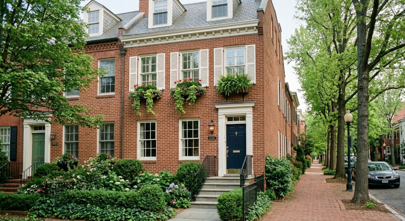 Brick rowhome with window boxes on a tree-lined street in Northwest Washington DC in morning light