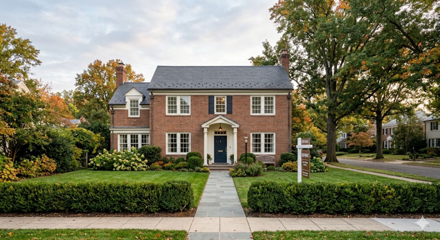 Well-maintained brick home with for sale sign in Northwest Washington DC neighborhood
