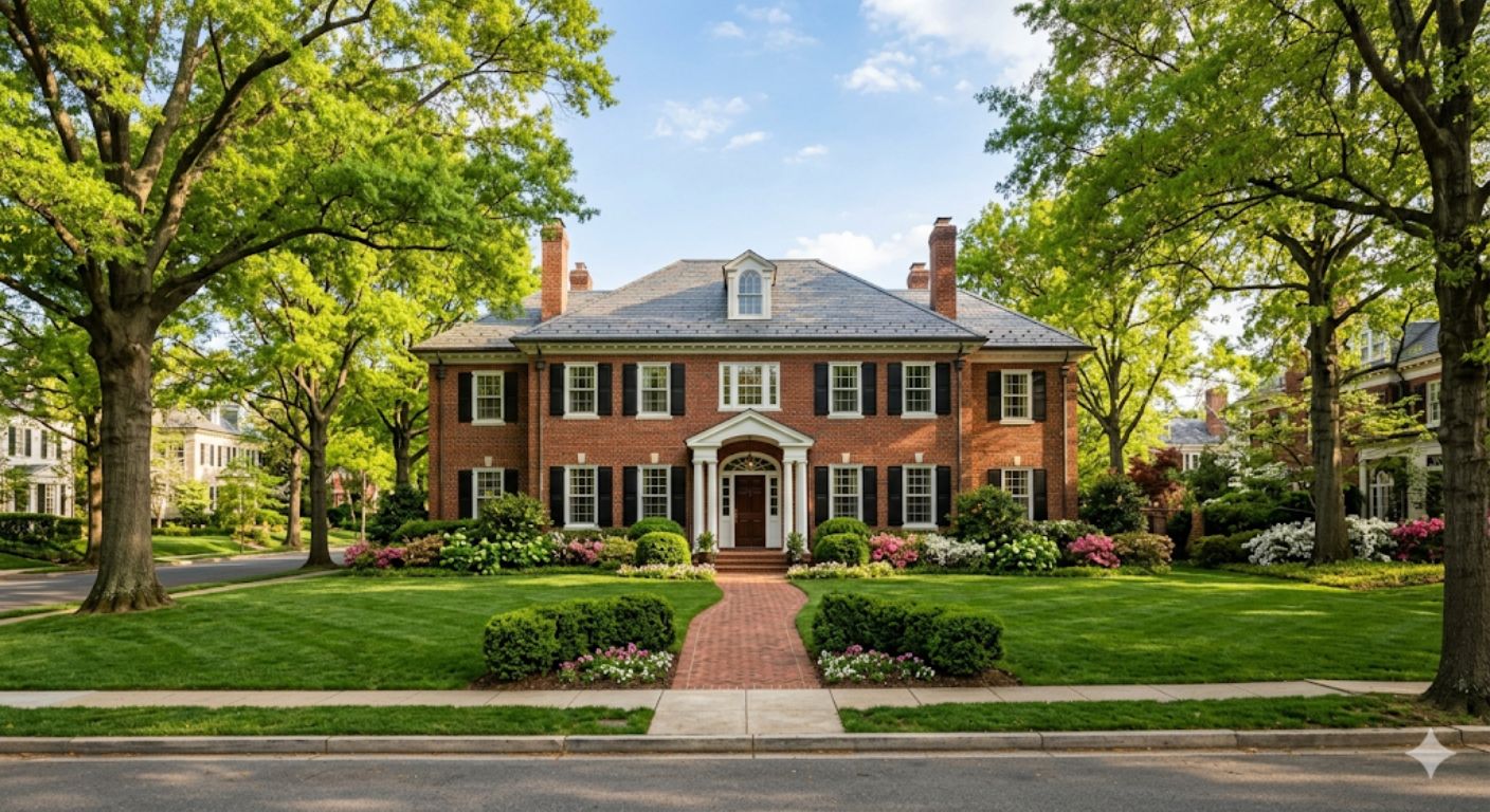 Brick Colonial home on a tree-lined street in Foxhall, Northwest Washington DC