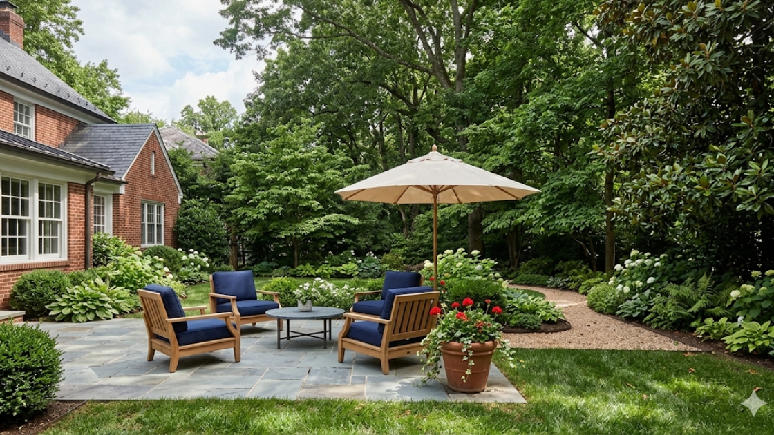 Stone patio and private landscaped backyard at a luxury home in Spring Valley, Northwest DC