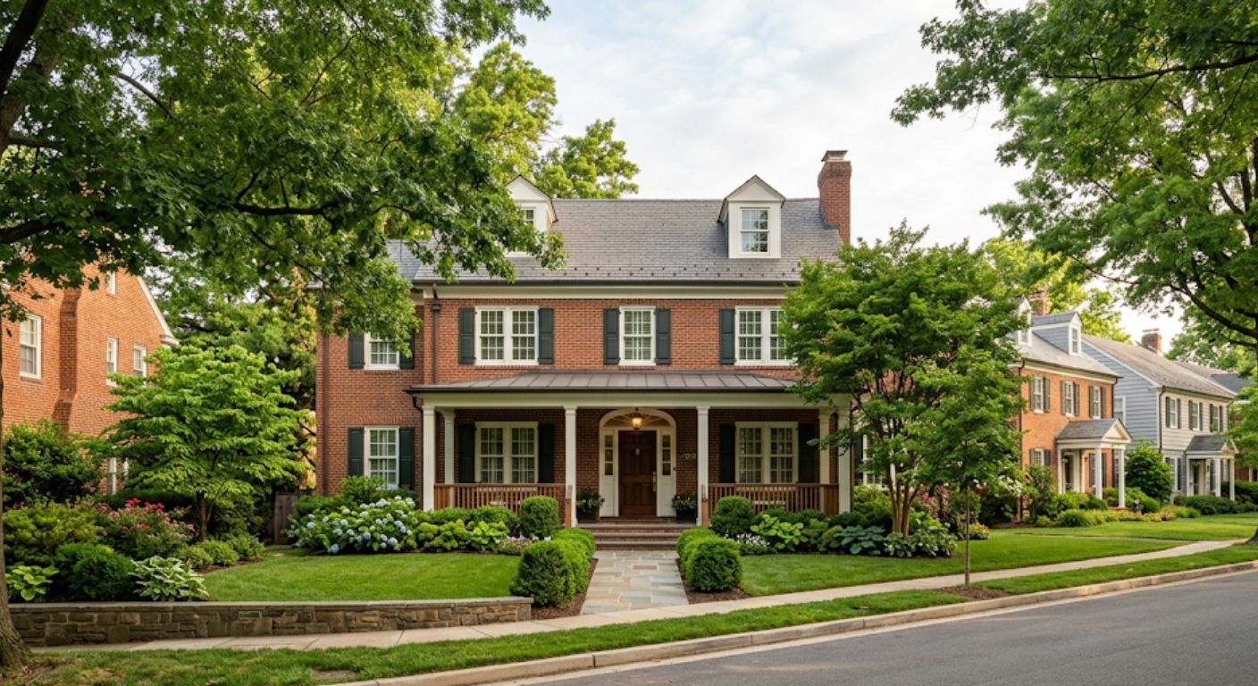 Well-maintained Colonial home with front porch on quiet tree-lined street in The Palisades Northwest Washington DC