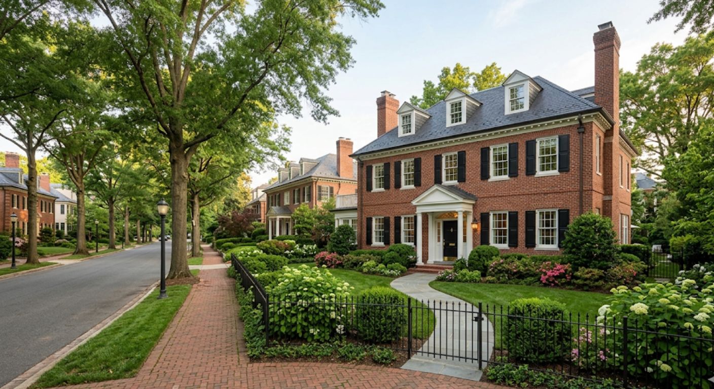 Tree-lined street with brick Colonial homes in the Wesley Heights neighborhood of Northwest Washington DC