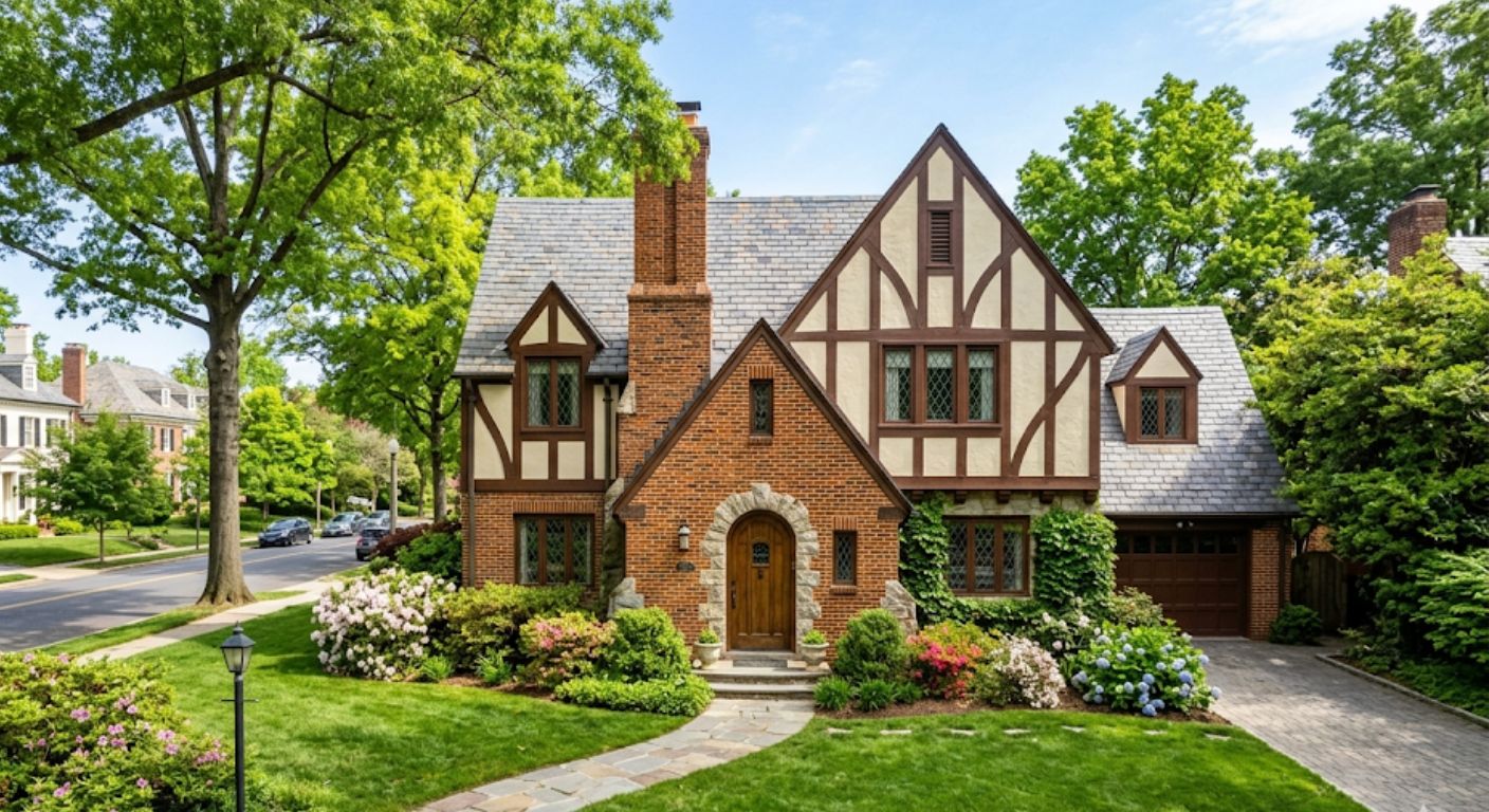 Brick Tudor-style home in Wesley Heights Northwest Washington DC with mature trees and quiet residential street