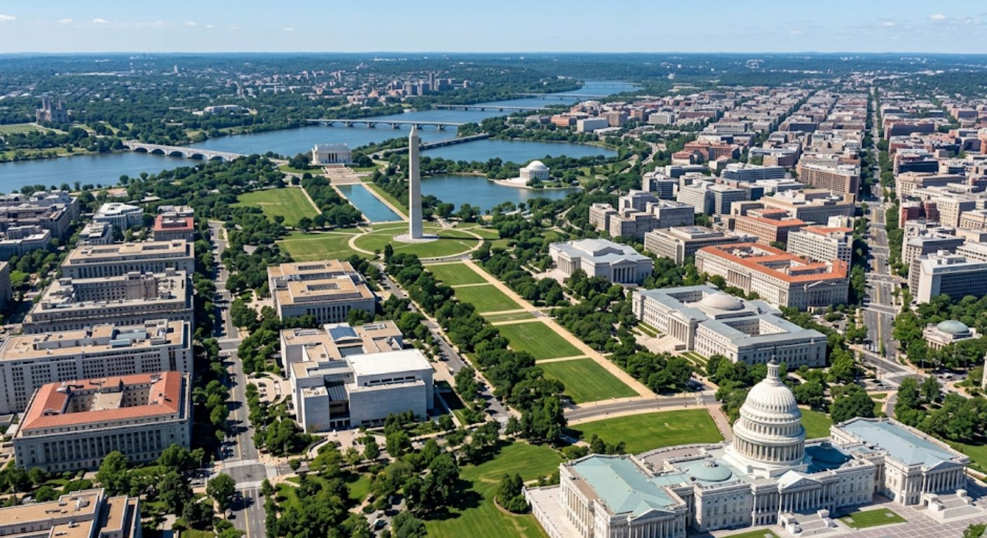Aerial view of Washington DC looking northwest from the National Mall toward the broader cityscape