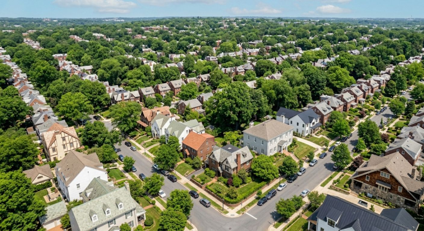Aerial view of established residential neighborhood with tree-lined streets and single-family homes in Washington DC area