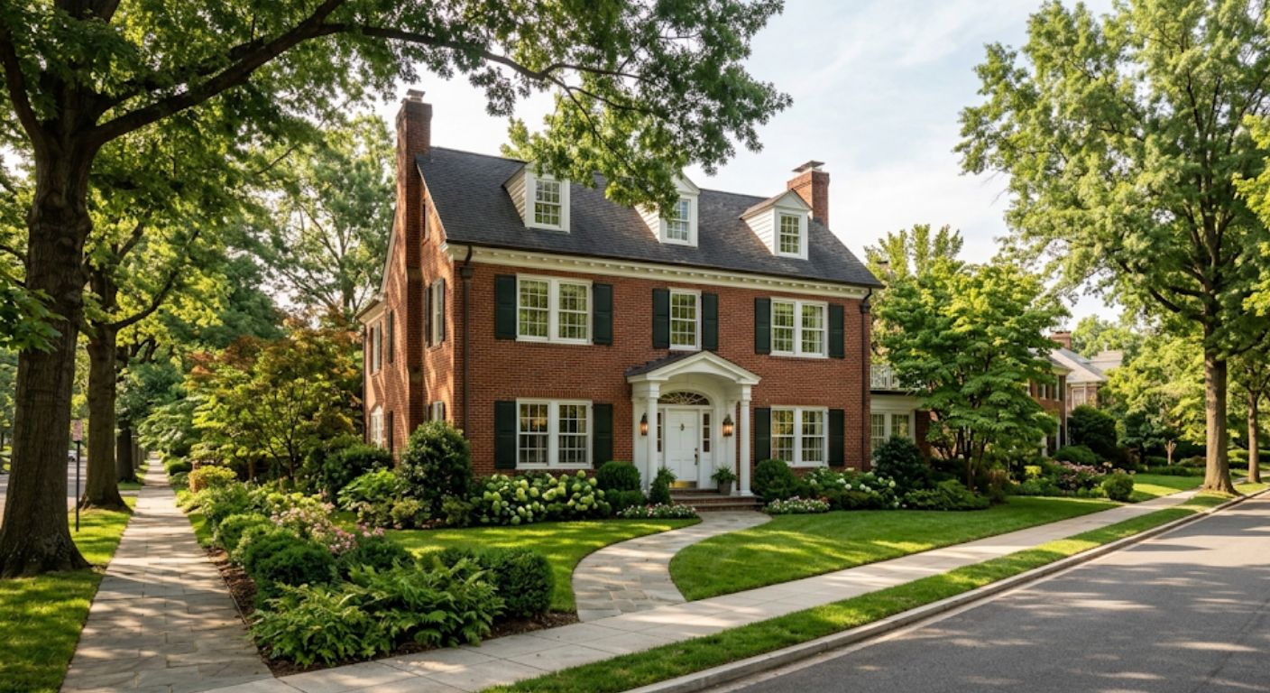 Large brick Colonial home with white trim on a tree-lined Wesley Heights Northwest Washington DC street