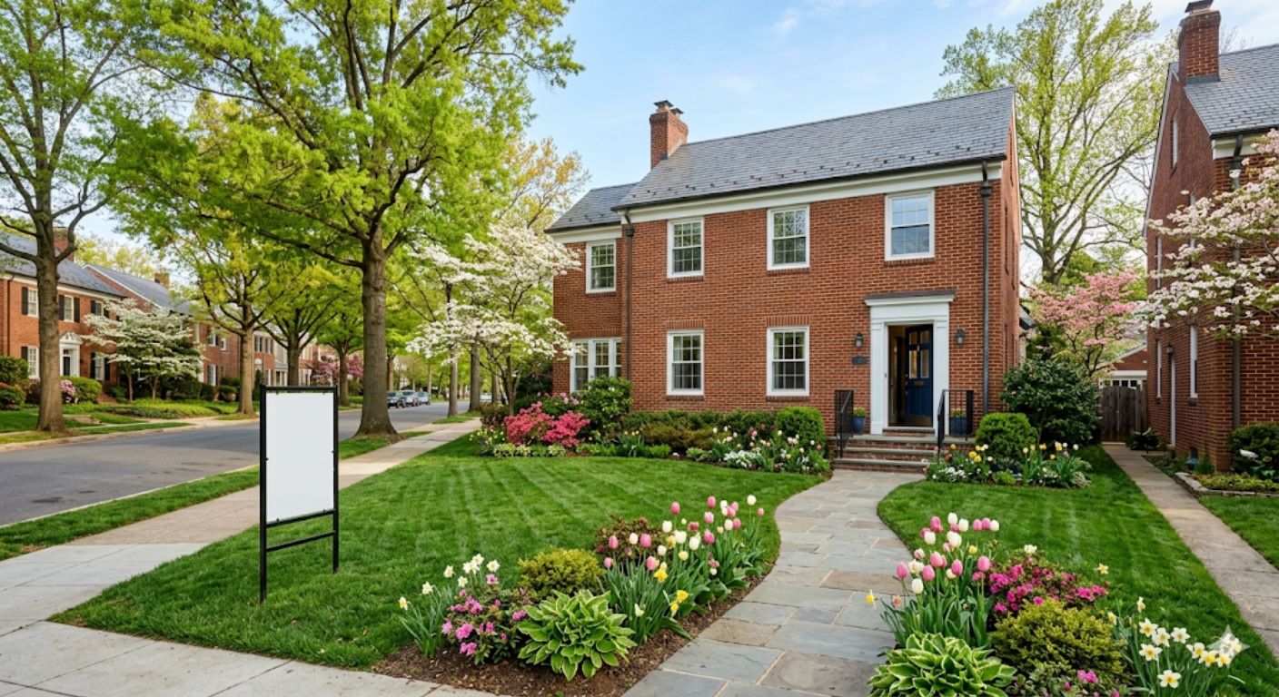 Brick home with open house sign on a tree-lined street in Northwest Washington DC