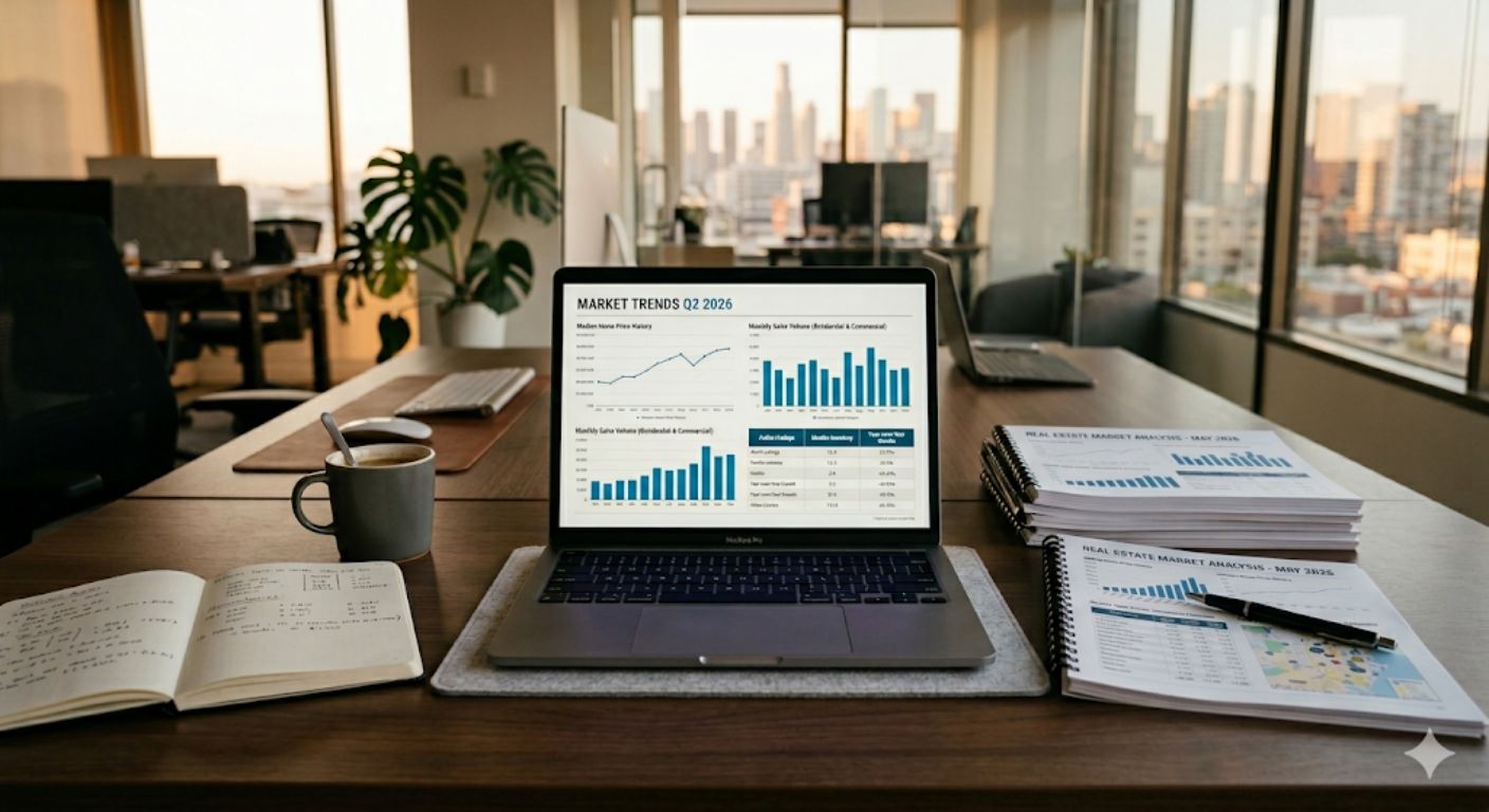 Laptop displaying real estate market data and charts on a professional's desk showing absorption rate analysis for Washington DC